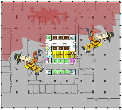 Graphic 1 - One-third of this 25,000-square-foot floor plate (excluding the core) involved in fire will demand approximately a 1,650-gpm fire flow, so 1.5- or 1.75-inch attack lines would be inadequate