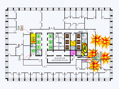Graphic 2 - A dangerous attack on a well-involved fire from a smoke tower. The stair closest to tile fire is not always best or safest option.