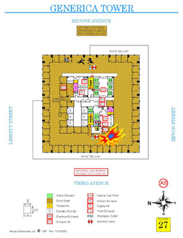 Graphic 3 - In a fire, search and rescue operation, the "A Stair" is the best choice for the attack stair, while the "8-2 Stair" is the best option for designation as the search and resue stair due to respective close proximities to fire and victims